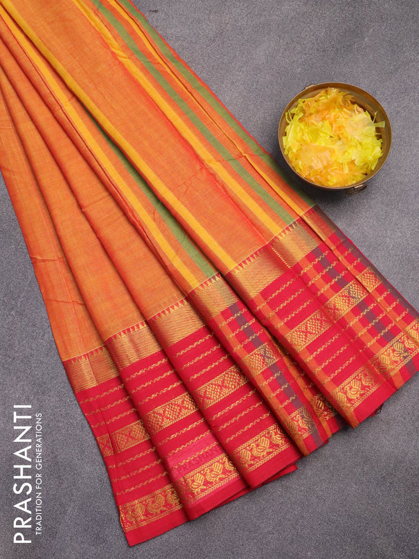 Narayanpet cotton saree dual shade of mustard yellow and red with plain body and long zari woven border