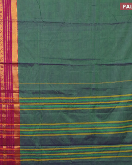 Narayanpet cotton saree dual shade of green and magenta pink with plain body and long zari woven border