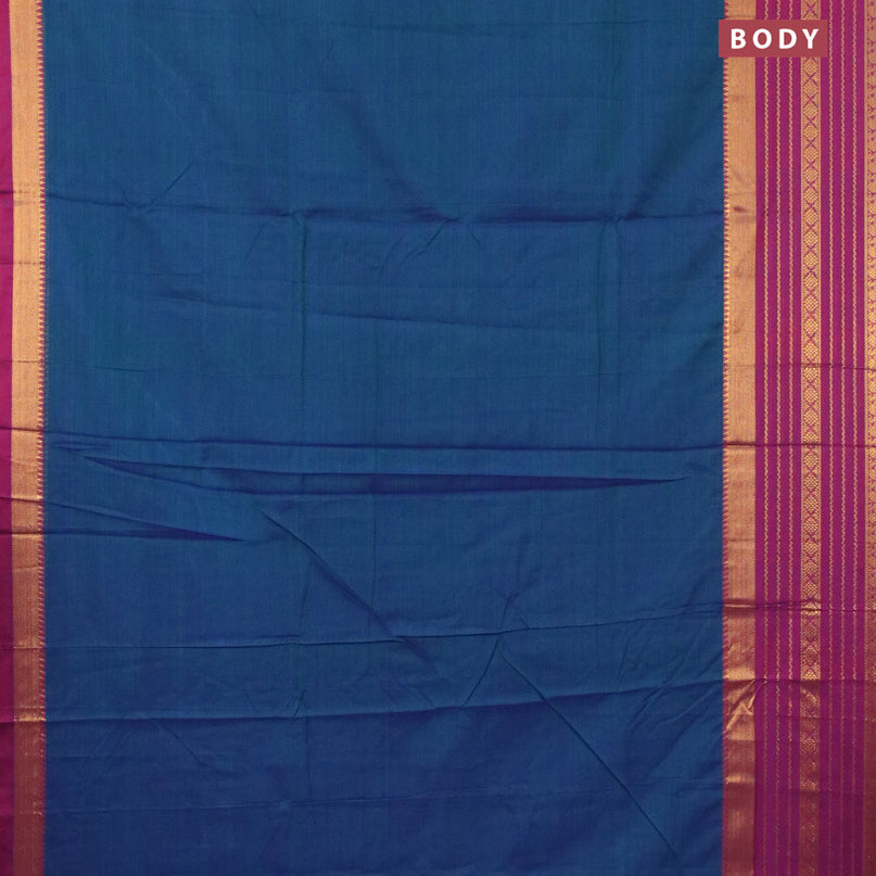 Narayanpet cotton saree dual shade of bluish green and dual shade of purple with plain body and long zari woven border