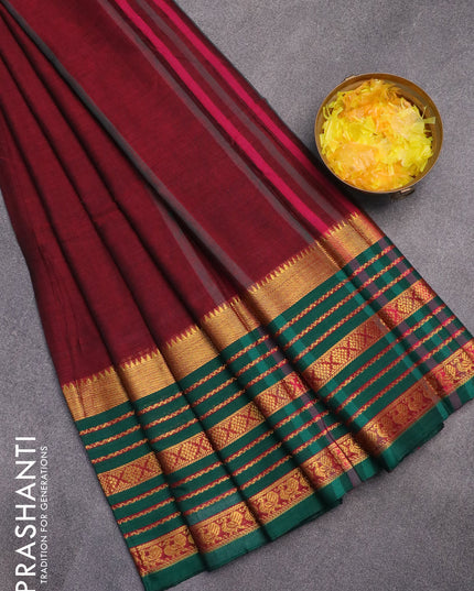 Narayanpet cotton saree maroon and green with plain body and long zari woven border