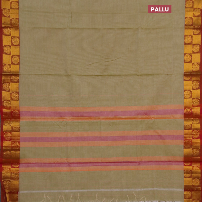Narayanpet cotton saree elaichi green and maroon with plain body and zari woven border