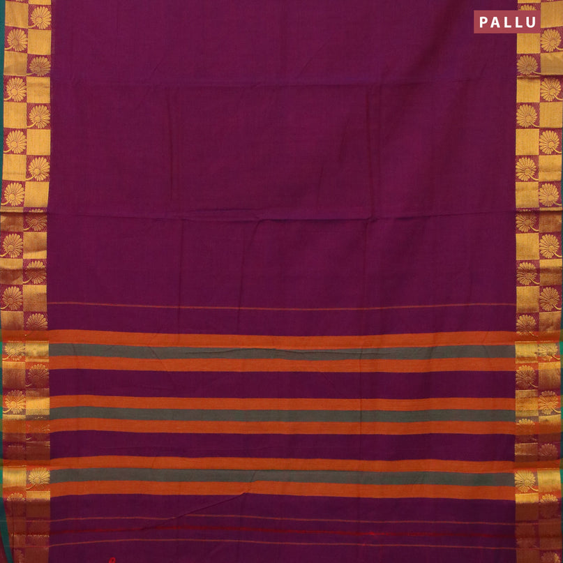 Narayanpet cotton saree dual shade of purple and green with plain body and zari woven border