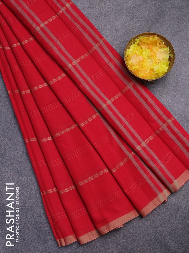 Narayanpet cotton saree red and beige with allover thread stripe weaves and piping border