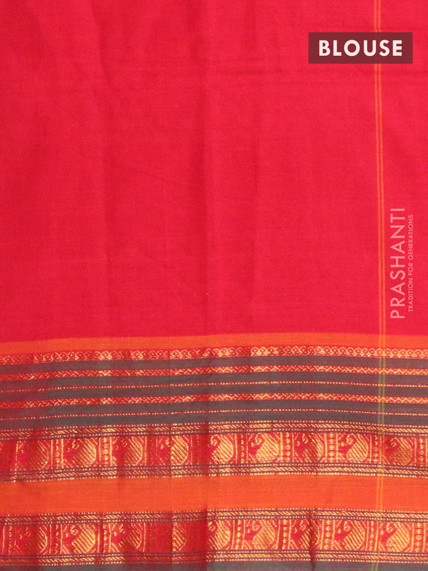 Narayanpet cotton saree red and green shade with plain body and zari woven border