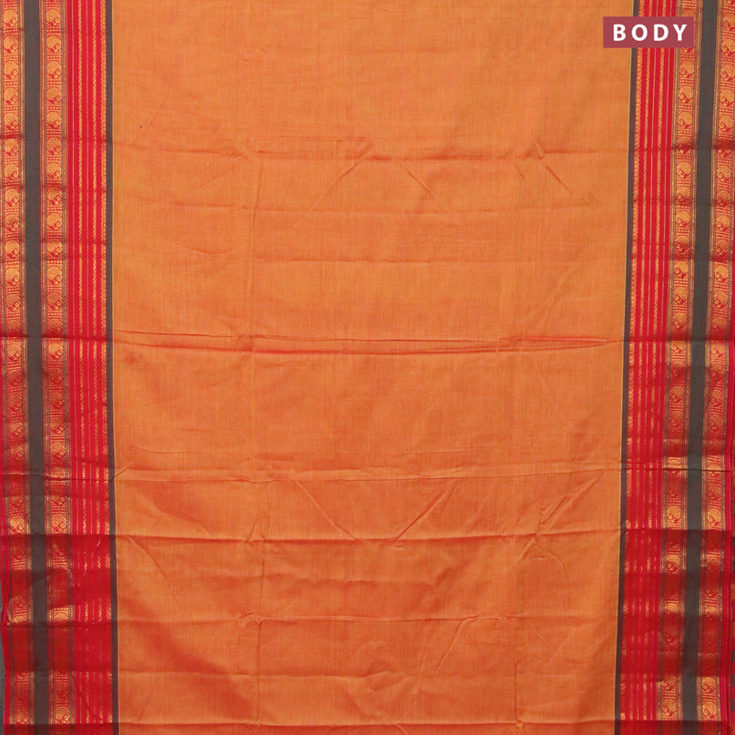 Narayanpet cotton saree dual shade of mustard and red with plain body and zari woven border