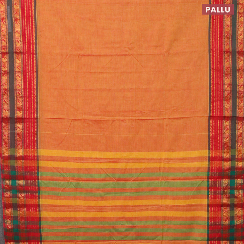Narayanpet cotton saree dual shade of mustard and red with plain body and zari woven border
