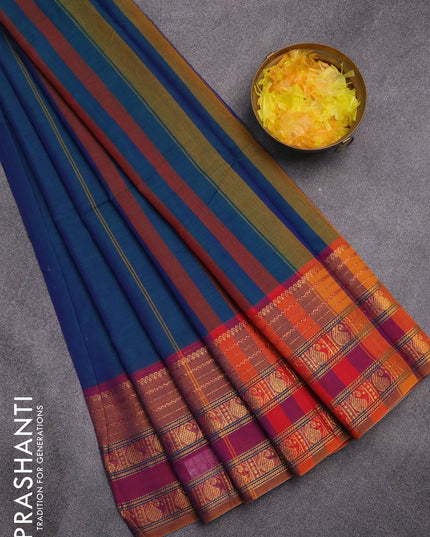 Narayanpet cotton saree dual shade of bluish green and mustard shade with plain body and zari woven border