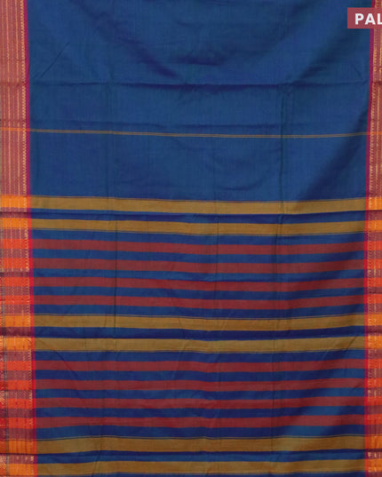Narayanpet cotton saree dual shade of bluish green and mustard shade with plain body and zari woven border