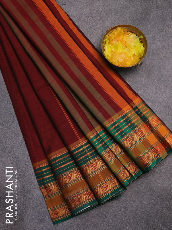 Narayanpet cotton saree maroon and green with plain body and zari woven border