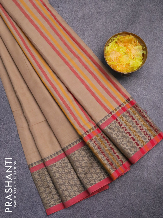 Narayanpet cotton saree beige and red shade with plain body and thread woven border