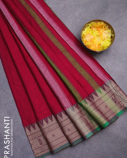 Narayanpet cotton saree maroon and green with plain body and thread woven border