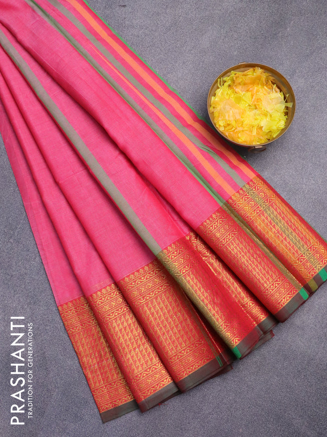 Narayanpet cotton saree pink and dual shade of green with plain body and zari woven border