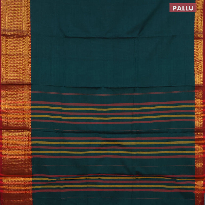 Narayanpet cotton saree peacock green and maroon with plain body and zari woven border