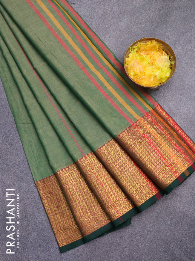 Narayanpet cotton saree dual shade of greenish beige and dark green with plain body and zari woven border