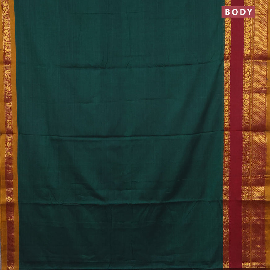 Narayanpet cotton saree dark green and dark mustard with plain body and annam zari woven border