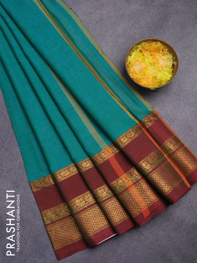 Narayanpet cotton saree green and dual shade of maroon with plain body and annam zari woven border