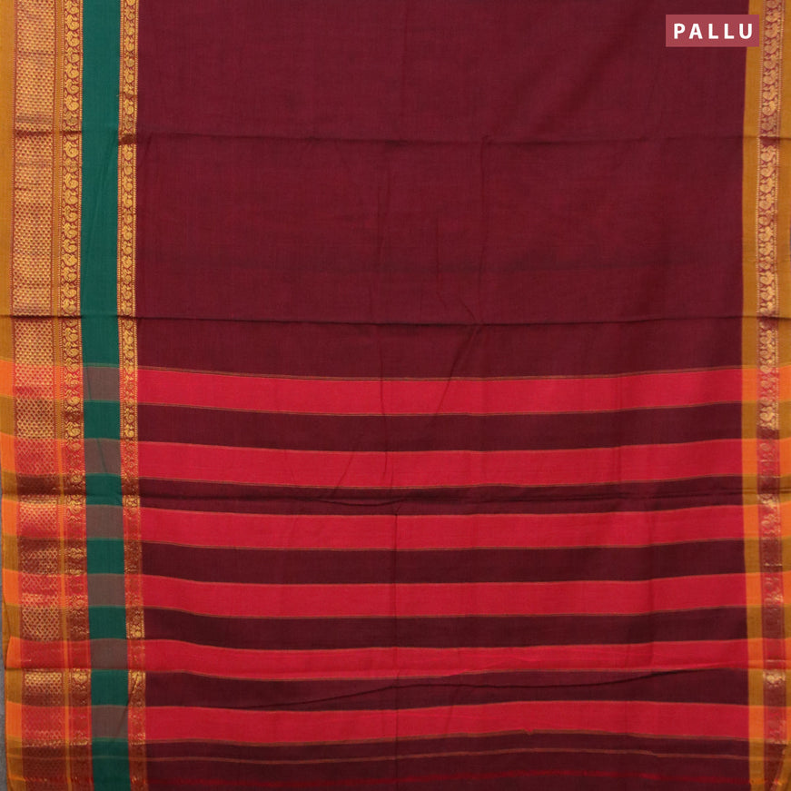 Narayanpet cotton saree maroon and dark mustard with plain body and annam zari woven border