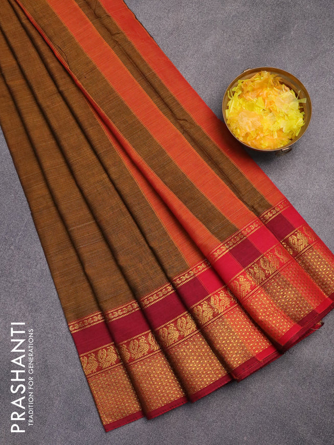 Narayanpet cotton saree dark mustard and maroon with plain body and annam zari woven border