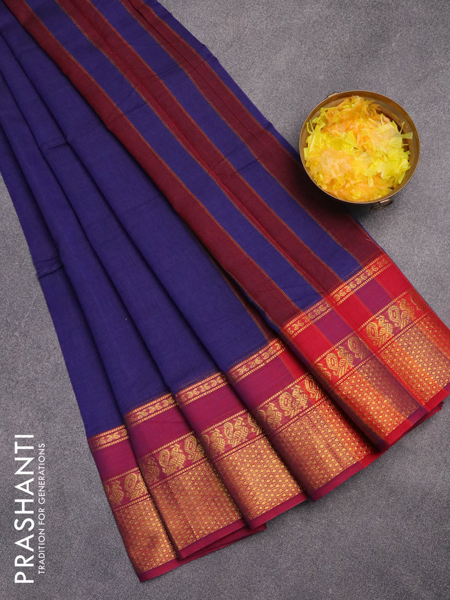 Narayanpet cotton saree blue and magenta pink with plain body and annam zari woven border
