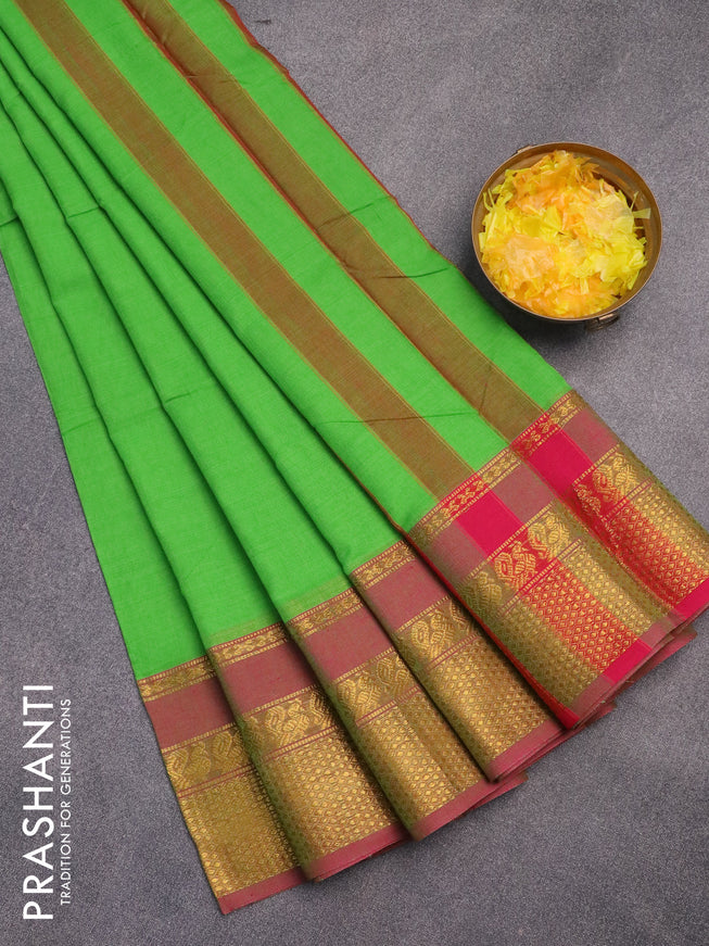 Narayanpet cotton saree light green and pink shade with plain body and annam zari woven border