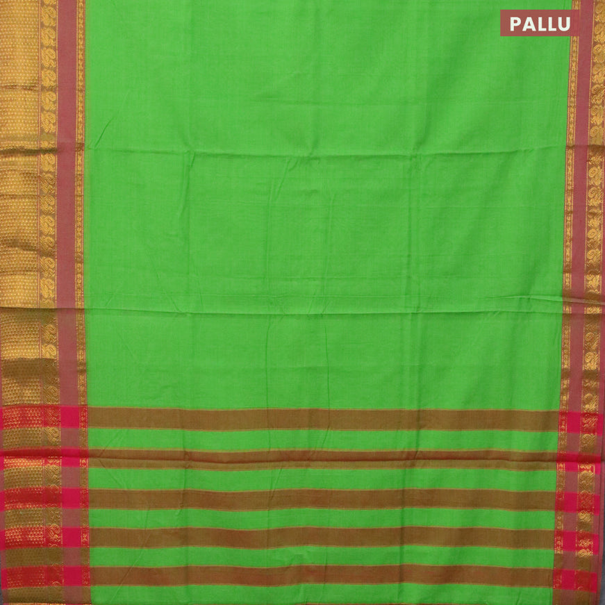 Narayanpet cotton saree light green and pink shade with plain body and annam zari woven border