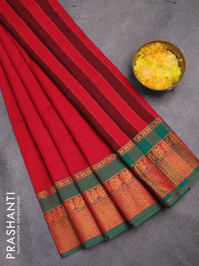 Narayanpet cotton saree red and green with plain body and annam zari woven border