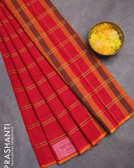 Narayanpet cotton saree red and mustard shade with allover thread weaves and piping border