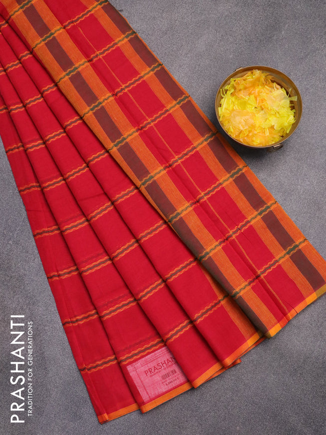 Narayanpet cotton saree red and mustard shade with allover thread weaves and piping border