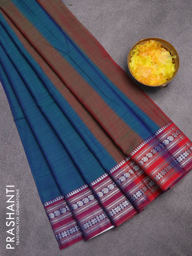 Narayanpet cotton saree dual shade of bluish green and maroon with plain body and silver zari woven border