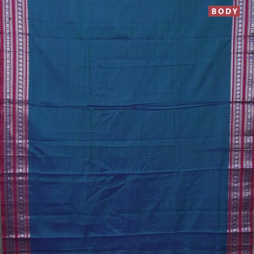 Narayanpet cotton saree dual shade of bluish green and maroon with plain body and silver zari woven border
