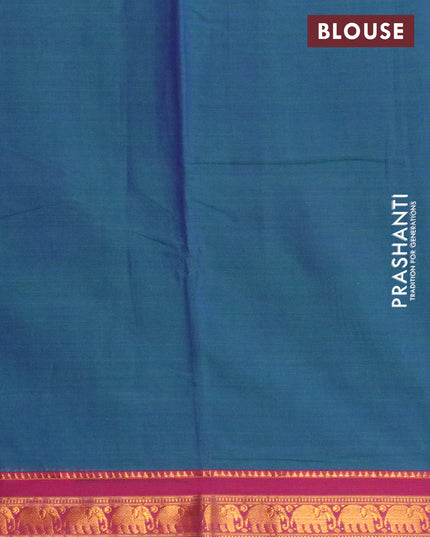Narayanpet cotton saree dual shade of bluish green and magenta pink with plain body and elephant design zari woven border