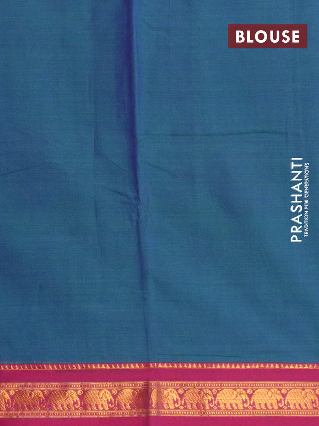Narayanpet cotton saree dual shade of bluish green and magenta pink with plain body and elephant design zari woven border