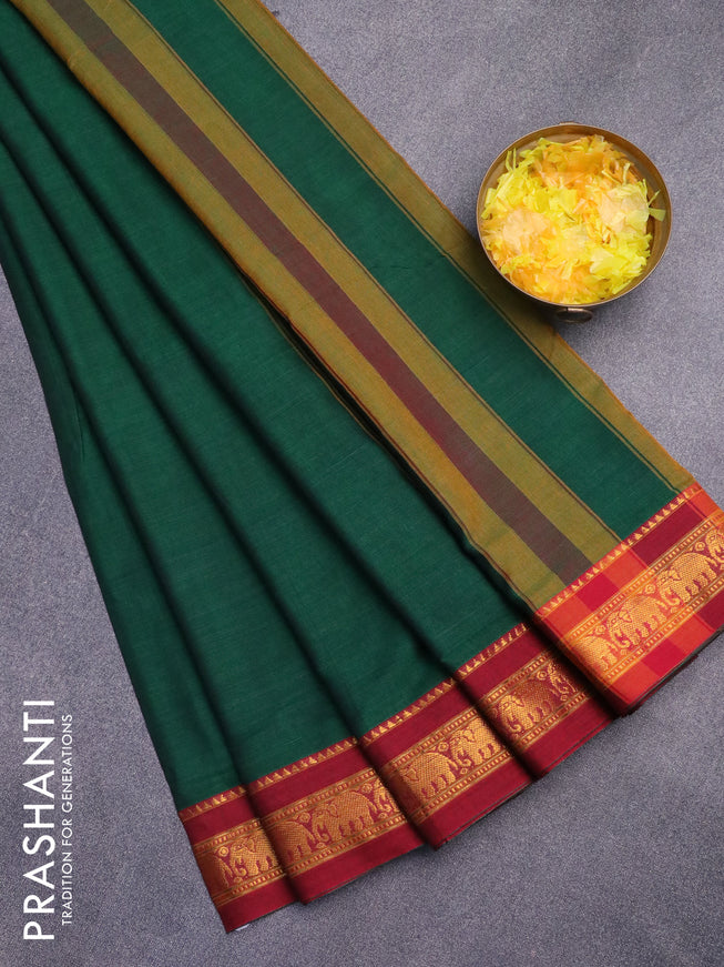 Narayanpet cotton saree green and maroon with plain body and elephant design zari woven border
