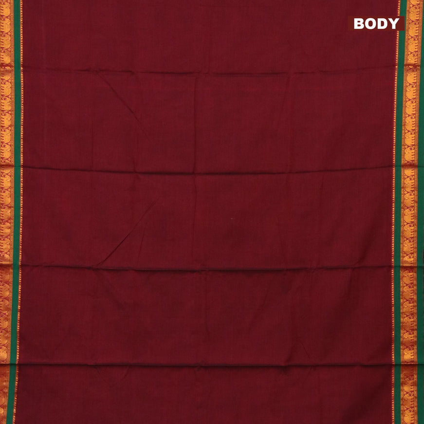 Narayanpet cotton saree maroon and green with plain body and elephant design zari woven border