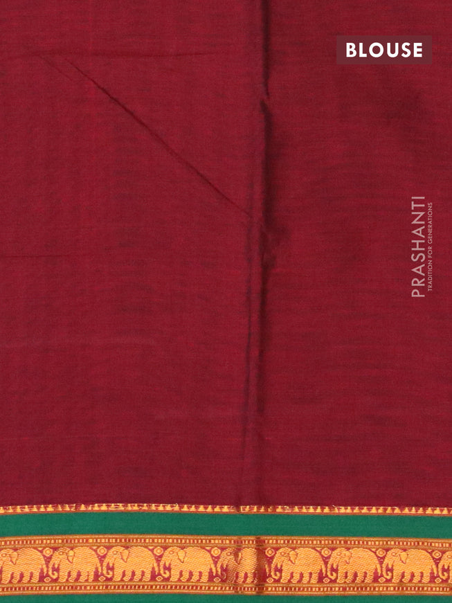 Narayanpet cotton saree maroon and green with plain body and elephant design zari woven border
