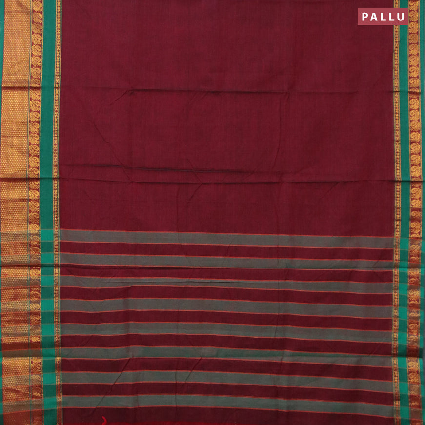 Narayanpet cotton saree maroon and green with plain body and annam zari woven border