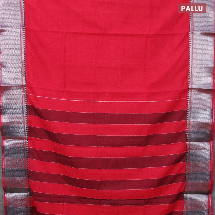 Narayanpet cotton saree red with plain body and silver zari woven border