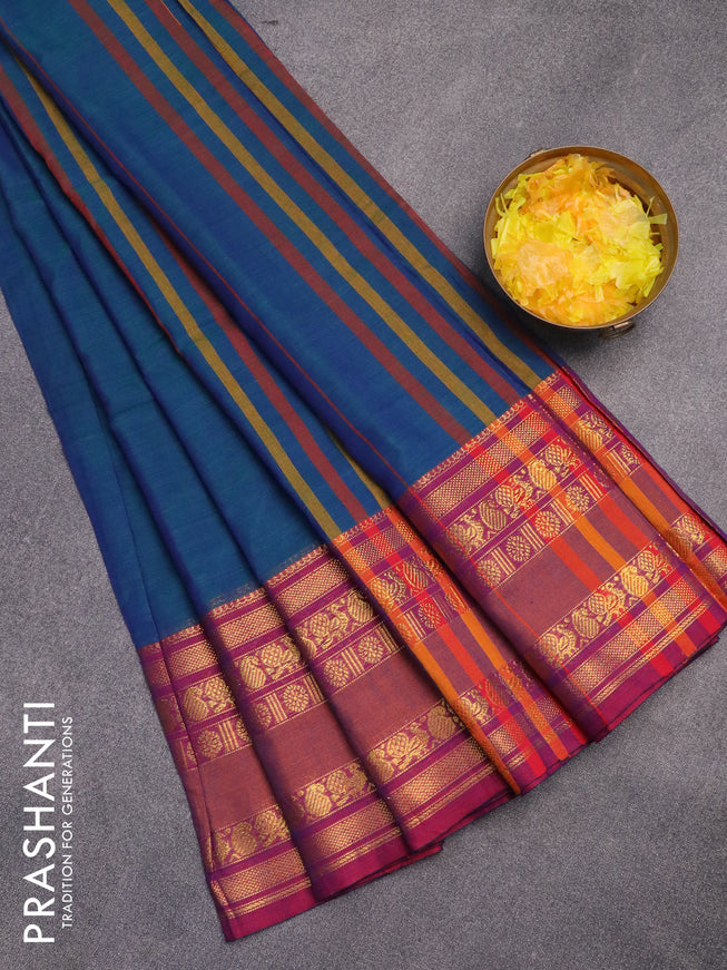 Narayanpet cotton saree dual shade of bluish green and magenta pink with plain body and annam zari woven border