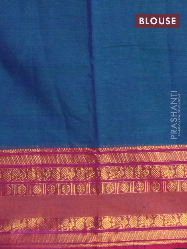 Narayanpet cotton saree dual shade of bluish green and magenta pink with plain body and annam zari woven border