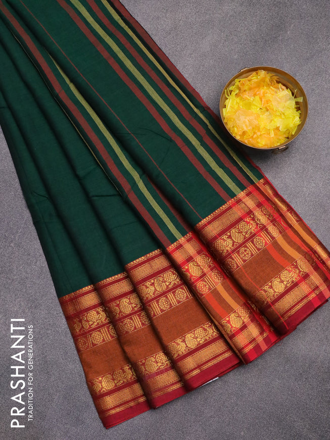 Narayanpet cotton saree green and maroon with plain body and annam zari woven border