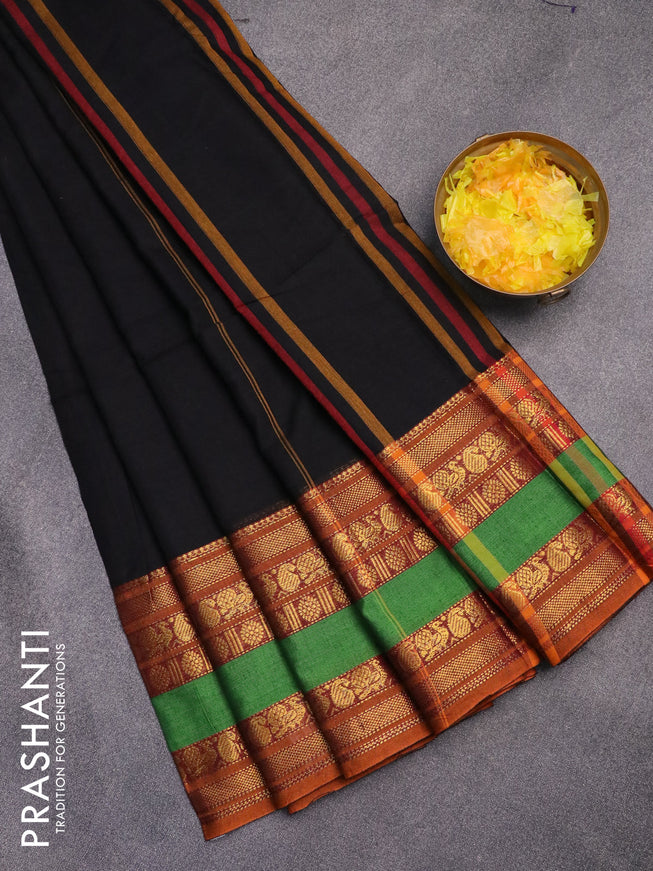 Narayanpet cotton saree black and mustard shade with plain body and annam zari woven border
