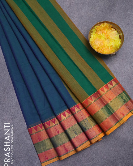 Narayanpet cotton saree dual shade of bluish green and mustard yellow with plain body and zari woven paithani style border