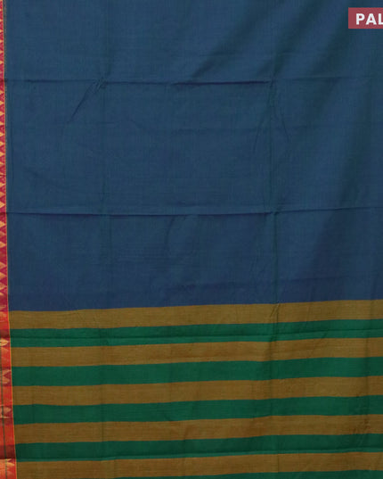 Narayanpet cotton saree dual shade of bluish green and mustard yellow with plain body and zari woven paithani style border