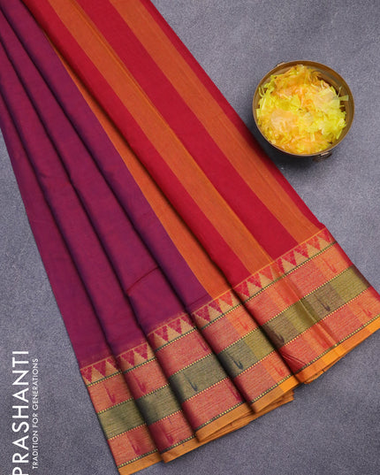 Narayanpet cotton saree dual shade of magenta pink and mustard yellow with plain body and zari woven border
