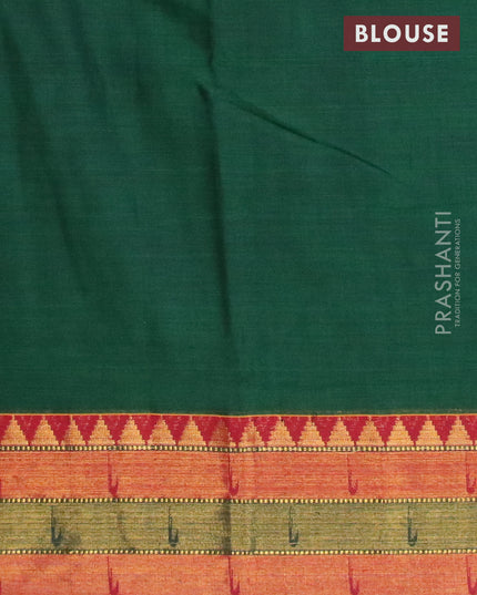 Narayanpet cotton saree green and mustard yellow with plain body and zari woven border