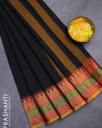 Narayanpet cotton saree black and mustard yellow with plain body and zari woven border