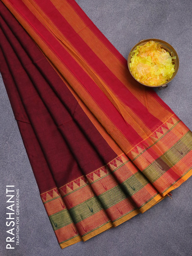 Narayanpet cotton saree maroon and mustard yellow with plain body and zari woven border