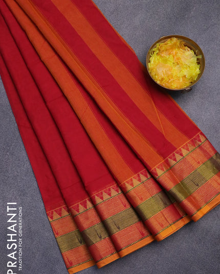 Narayanpet cotton saree red and mustard yellow with plain body and zari woven border