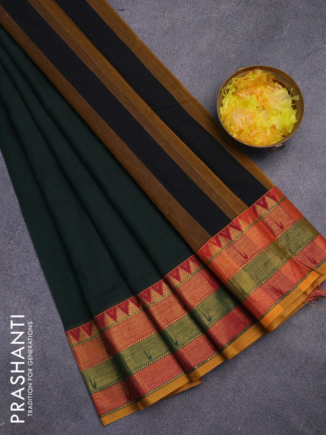 Narayanpet cotton saree bottle green and mustard yellow with plain body and zari woven border