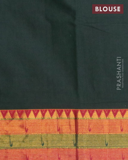 Narayanpet cotton saree bottle green and mustard yellow with plain body and zari woven border